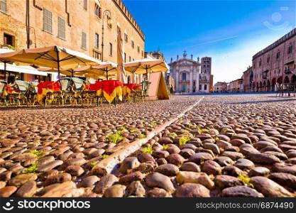 Mantova city paved Piazza Sordello and idyllic cafe view, European capital of culture and UNESCO world heritage site, Lombardy region of Italy