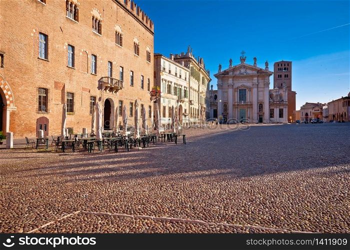 Mantova city paved Piazza Sordello idyllic square view, UNESCO world heritage site, Lombardy region of Italy