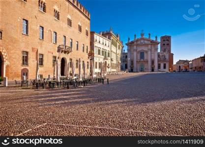 Mantova city paved Piazza Sordello idyllic square view, UNESCO world heritage site, Lombardy region of Italy