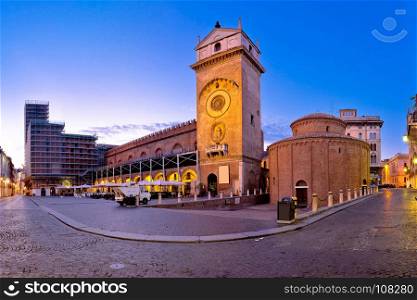 Mantova city Piazza delle Erbe evening view, European capital of culture and UNESCO world heritage site, Lombardy region of Italy