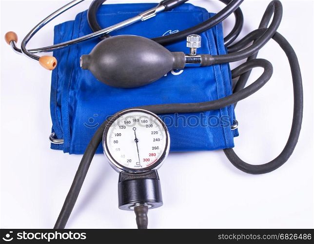 Manual blood pressure monitor. medical equipment.. Not isolated sphygmomanometer with blue cuff.