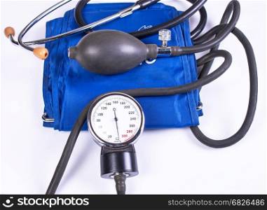 Manual blood pressure monitor. medical equipment.. Not isolated sphygmomanometer with blue cuff.