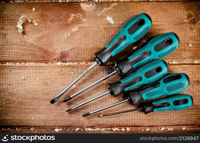 Manual screwdrivers on the table. On a wooden background. High quality photo. Manual screwdrivers on the table.