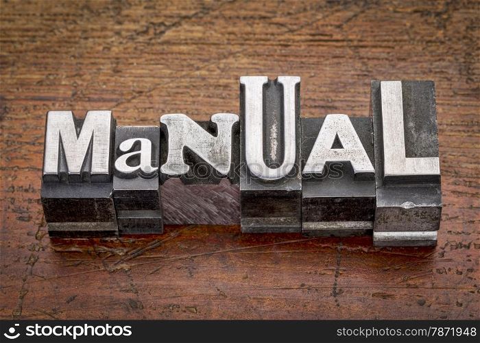 manual word in mixed vintage metal type printing blocks over grunge wood