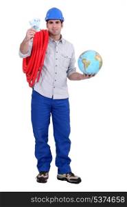 Manual worker holding globe and money