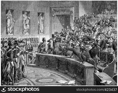 Manuel expelled from the chamber, vintage engraved illustration. History of France ? 1885