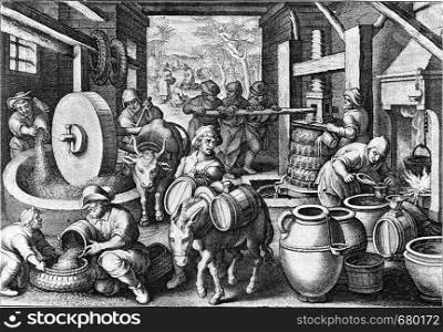 Manufacture of olive oil around the year, vintage engraved illustration. From the Universe and Humanity, 1910.