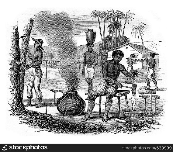 Manufacture of rubber footwear, in Para, Brazil, vintage engraved illustration. Magasin Pittoresque 1855.