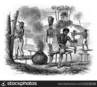 Manufacture of rubber footwear, in Para, Brazil, vintage engraved illustration. Magasin Pittoresque 1855.