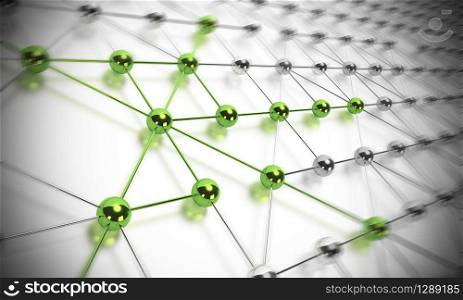 many balls linked together and composing a network, some shp?res are green and others are made in chrome material, blur effet. network