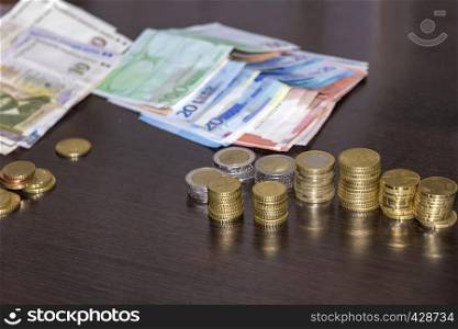 many banknotes and coins, lev and euro on the table ready for traveling