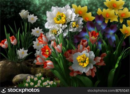Many beautiful spring flowers outdoors