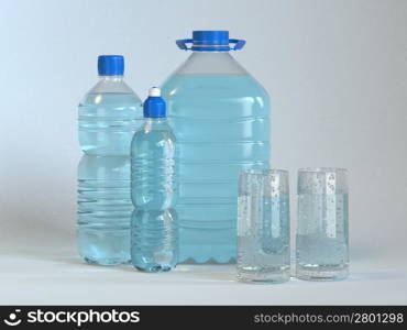 Many bottles and glass of clear water. 3d