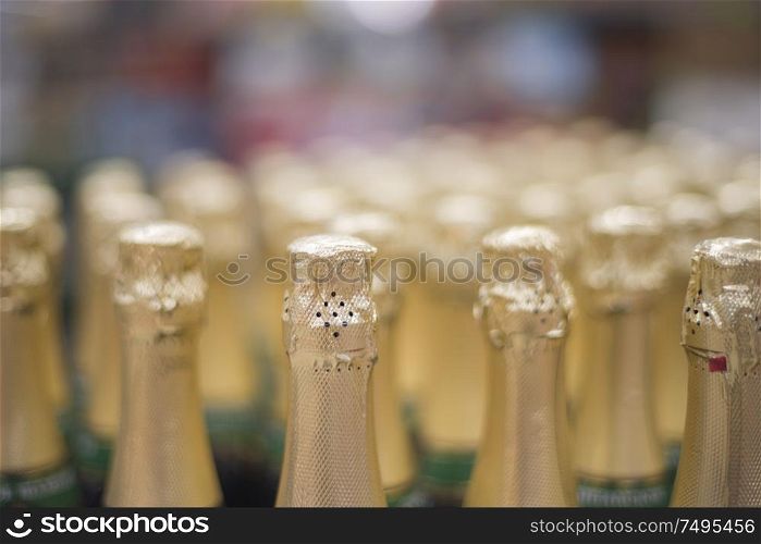 Many bottles of champagne in the store