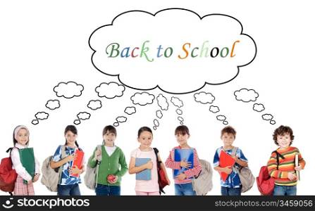Many children students returning to school on a white background