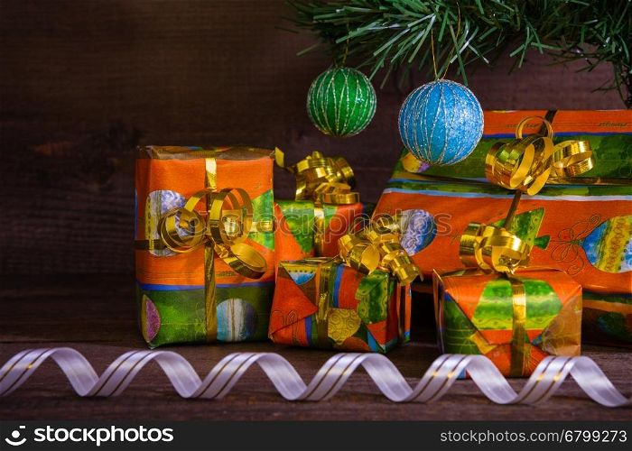 Many Christmas presents with decorations and ribbon. Many Christmas presents under the tree with decorations and ribbon