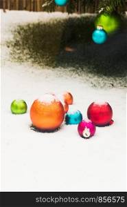 Many Christmas tree balls with snow