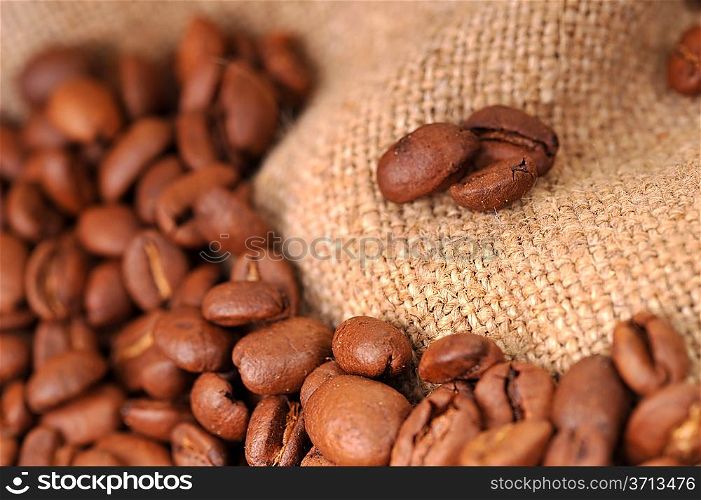 Many coffee grains on rough fabric