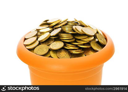 Many coins in the clay pot on white