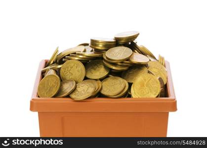 Many coins in the clay pot on white