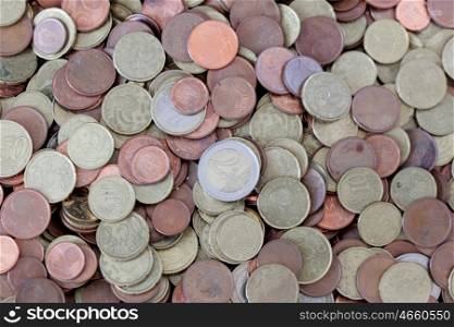 Many coins scattered euro. Cash Currency