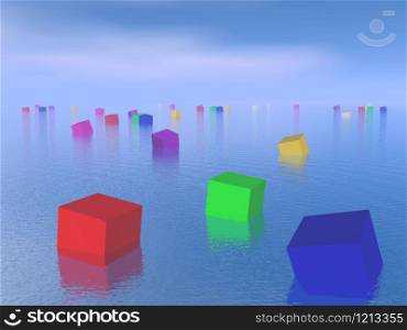 Many colorful cubes floating upon the water by beautiful blue day. Colorful cubes floating - 3D render