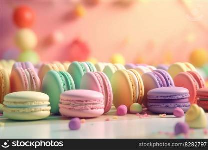 Many colorful macarons. Food dessert. Generate Ai. Many colorful macarons. Generate Ai