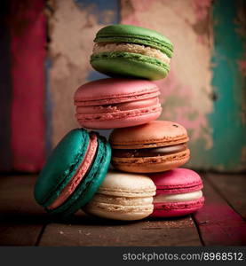 Many colorful macaroons on a color background. Sweets for any celebration. Generative AI