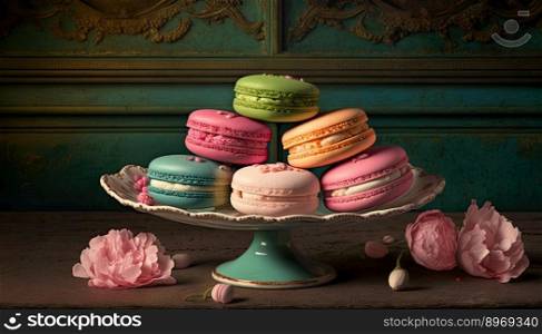 Many colorful macaroons on a dark background. Sweets for any celebration. Generative AI