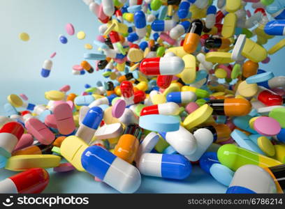 Many colorful pills and capsules falling on white background. 3d render