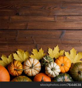 Many colorful pumpkins and maple leaves frame on wooden background with copy space for text , autumn harvest , Halloween or Thanksgiving concept. Pumpkins and maple leaves