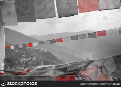 Many colorful waving prayer flags suspended between trees. black and white photography.