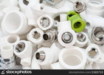 many combined fittings for metal and PVC pipes, unions, tee pipes and valves