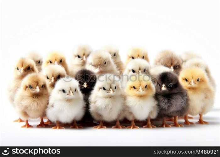 Many cute fluffy chickens on white background. Generative AI