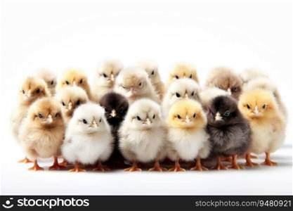 Many cute fluffy chickens on white background. Generative AI