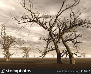 Many dead trees in the desert by brown cloudy day. Dead trees - 3D render