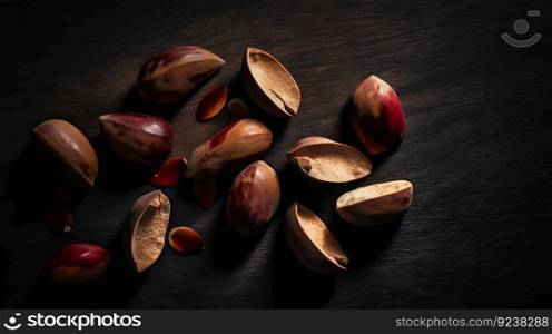 Many delicious Brazil nuts on dark background, top view. Generative AI.. Many delicious Brazil nuts on dark background, top view. Generative AI