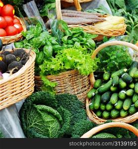 many different ecological vegetables on market table