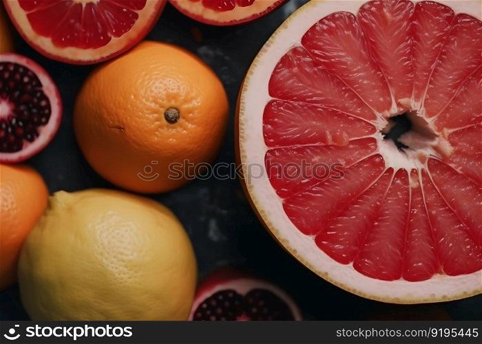 Many different fruits colorful background. Neural network AI generated art. Many different fruits colorful background. Neural network AI generated