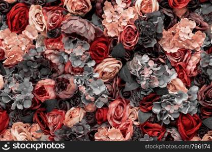 Many different pink flowers background texture, romantic blurred design beauty purple roses. Many different pink flowers background texture, romantic blurred design