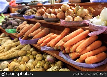 Many different vegetables, such as carrots, onions, radishes, beets, turnips, parsley roots, parsnips, celery and others are sold in the vegetable market.. Carrots, onions, roots and other various vegetables are sold on market shelves