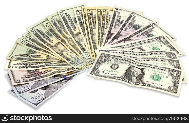 Many dollars banknotes isolated on a white background