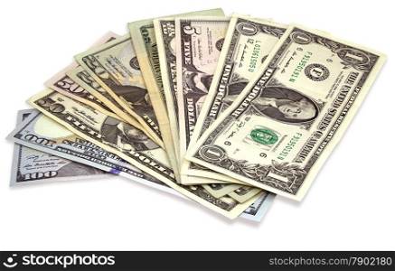 Many dollars banknotes isolated on a white background