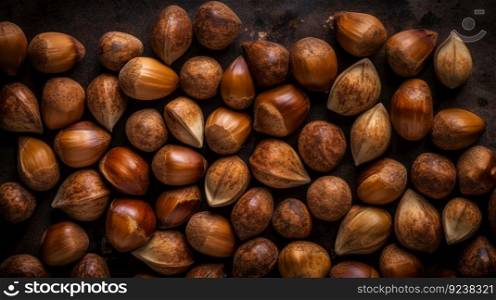 Many dried acorn nuts background. Top view on large group of nuts. Generative AI.. Many dried acorn nuts background. Top view on large group of nuts. Generative AI