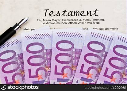 many euro bank notes with pen and testament