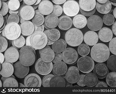 Many Euro coins in black and white. Euro coins currency of the European Union in black and white