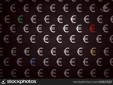 Many euro signs. Euro currency symbols with one of red color on dark background