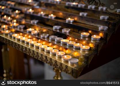 many fired candles in the church on a stand