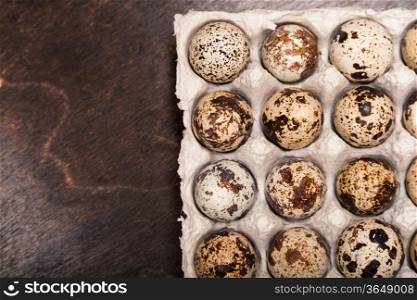 many fresh speckled quail eggs in cardboard container on wooden