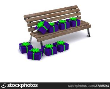 many gifts on bench. 3d